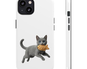 Pegatina o funda para teléfono de gato gris con taiyaki, lindo gato taiyaki japonés, regalo kawaii para amantes de los gatos, arte japonés de gatos de postre