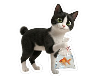 Japanese Goldfish Cat Sticker or Phone Case Kawaii Tuxedo Cat Holding Goldfish Bag Cute Japanese Cat Art Japan Aesthetic Cat Lover Gift