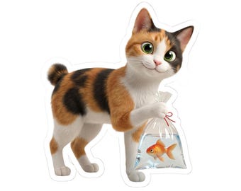 Japanese Goldfish Cat Sticker or Phone Case Kawaii Calico Cat Holding Goldfish Bag Cute Japanese Cat Art Japan Aesthetic Cat Lover Gift