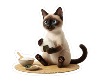 Onigiri Making Siamese Cat Sticker or Phone Case, Japanese Rice Ball Cat, Kawaii Cooking Cat Art