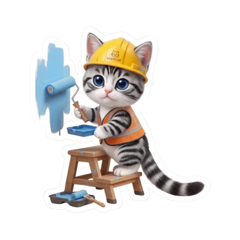 Painter Cat Sticker Cute Construction Worker Cat Kawaii Builder Kitty Funny Cat Lover Gift Japan Aesthetic image 10