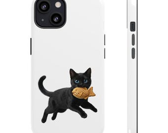 Pegatina o funda para teléfono de gato Taiyaki negro, lindo gato Taiyaki japonés, regalo kawaii para amantes de los gatos, arte de gato de comida callejera japonesa