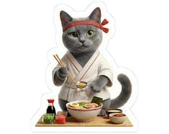 Gray Ramen Chef Cat Sticker or Phone Case, Cute Japanese Ramen Cat, Kawaii Cat Cooking Ramen, Japan Food Cat Art