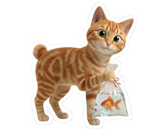 Japanese Goldfish Cat Sticker or Phone Case Kawaii Orange Tabby Cat Holding Goldfish Cute Japanese Cat Art Japan Aesthetic Cat Lover Gift