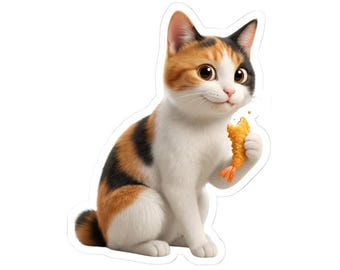 Japanese Tempura Cat Sticker or Phone Case Kawaii Calico Cat Eating Tempura Cute Japanese Cat Art Japan Aesthetic Cat Lover Gift