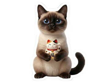 Pegatina o funda para teléfono de gato siamés de la suerte, arte de gato Maneki Neko, lindo gato de la fortuna japonés, regalo de gato kawaii