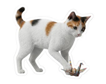 Japanese Origami Cat Sticker or Phone Case Kawaii Calico Cat Playing with Origami Crane Cute Japanese Cat Art Japan Aesthetic Cat Lover Gift