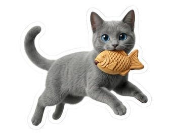 Pegatina o funda para teléfono de gato gris con taiyaki, lindo gato taiyaki japonés, regalo kawaii para amantes de los gatos, arte japonés de gatos de postre