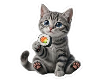 Pegatina o funda para teléfono de gato atigrado gris sushi, lindo gato sushi sosteniendo un rollo maki, regalo kawaii para amantes de los gatos, arte japonés de gatos y comida.