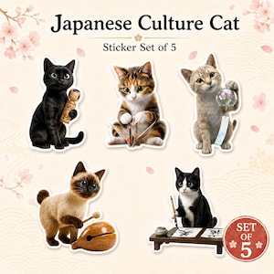 Japanese Culture Cat Sticker Set of 5, Kawaii Tradition Cat Decals, Daruma Origami Kokeshi Furin Shodo Cats, Lucky Charm Gift Pack, Japan