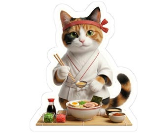 Calico Ramen Chef Cat Sticker or Phone Case, Cute Japanese Ramen Cat, Kawaii Cat Cooking Ramen, Japan Food Cat Art