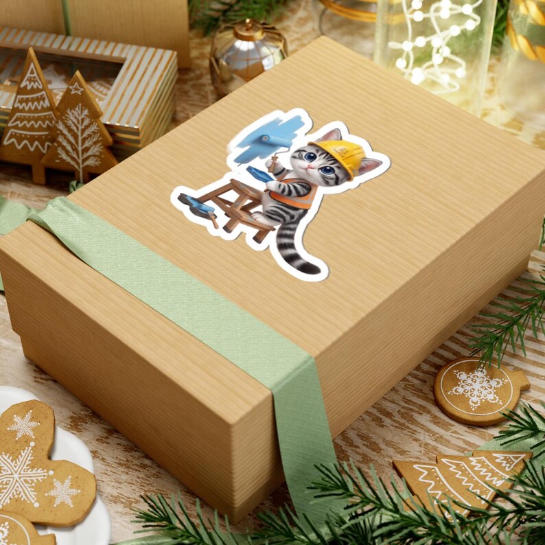 Painter Cat Sticker Cute Construction Worker Cat Kawaii Builder Kitty Funny Cat Lover Gift Japan Aesthetic image 6