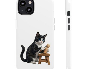 Japanese Kokeshi Craft Cat Sticker or Phone Case Kawaii Black and White Cat Carving Kokeshi Doll Cute Japanese Cat Art Japan Aesthetic Cat
