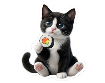 Pegatina o funda para teléfono de gato sushi en blanco y negro, lindo gato sushi maki, regalo kawaii para amantes de los gatos, arte de gato comida japonesa