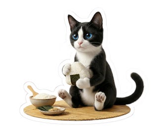 Onigiri Making Tuxedo Cat Sticker or Phone Case, Japanese Rice Ball Cat, Kawaii Cooking Cat Art