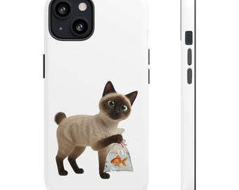 Japanese Goldfish Cat Sticker or Phone Case Kawaii Siamese Cat Holding Goldfish Bag Cute Japanese Cat Art Japan Aesthetic Cat Lover Gift