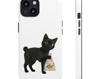 Japanese Goldfish Cat Sticker or Phone Case Kawaii Black Cat Holding Goldfish Bag Cute Japanese Cat Art Japan Aesthetic Cat Lover Gift