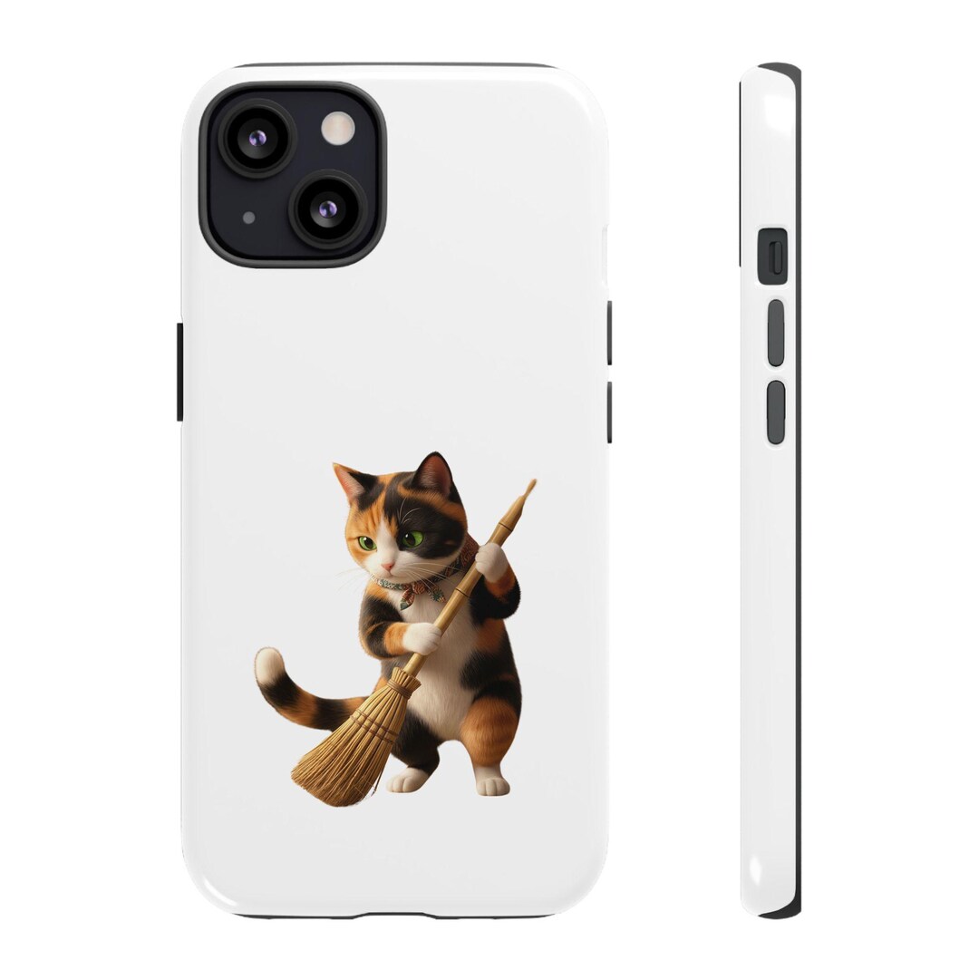 Cleaning Cat Sticker, Kawaii Calico Cat Phone Case, Cute Broom Cat ...