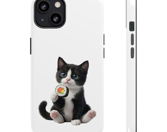 Pegatina o funda para teléfono de gato sushi en blanco y negro, lindo gato sushi maki, regalo kawaii para amantes de los gatos, arte de gato comida japonesa