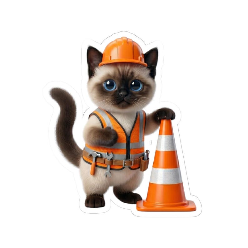 Construction Worker Cat Sticker Cute Builder Kitty with Safety Cone Kawaii Worker Cat Funny Cat Lover Gift Japan Aesthetic image 10
