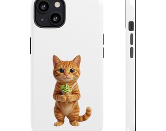 Pegatina o funda para teléfono de gato atigrado naranja con helado de matcha, lindo gato japonés con postre de matcha, regalo kawaii para amantes de los gatos, arte estético japonés de gatos