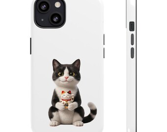Pegatina o funda para teléfono del gato Maneki Neko de la suerte, lindo gato de la suerte en blanco y negro, arte japonés del gato de la fortuna, regalo de gato kawaii