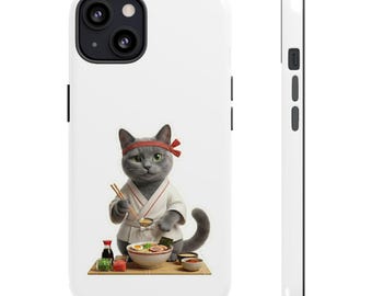 Gray Ramen Chef Cat Sticker or Phone Case, Cute Japanese Ramen Cat, Kawaii Cat Cooking Ramen, Japan Food Cat Art
