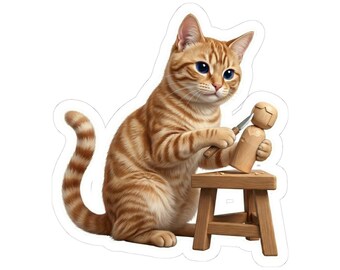 Japanese Kokeshi Craft Cat Sticker or Phone Case Kawaii Orange Tabby Cat Carving Kokeshi Doll Cute Japanese Cat Art Japan Aesthetic Cat