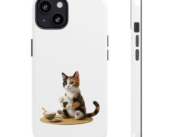 Onigiri Making Calico Cat Sticker or Phone Case, Japanese Rice Ball Cat, Kawaii Cooking Cat Art