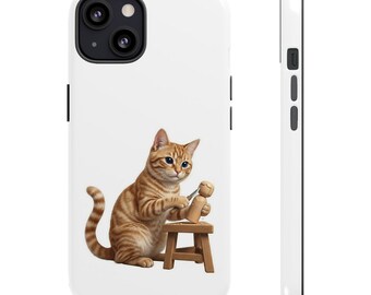 Japanese Kokeshi Craft Cat Sticker or Phone Case Kawaii Orange Tabby Cat Carving Kokeshi Doll Cute Japanese Cat Art Japan Aesthetic Cat Love