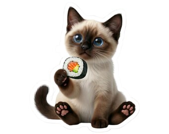 Pegatina o funda para teléfono de gato siamés sushi, lindo gato maki sushi, regalo kawaii para amantes de los gatos, arte japonés de gatos y comida.