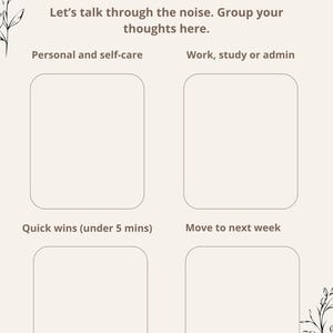 Op de afbeelding: Een Brain Categoriser plannerpagina met een crèmekleurige achtergrond en zwarte florale lijntekeningen. De tekst luidt Brain Categoriser, Let's talk through the noise. Group your thoughts here, Personal and self-care, Work, study or admin, Quick wins (under 5 mins) en Move to next week, met vier lege, afgeronde rechthoekige vakken.