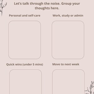 Może przedstawiać: Jasnoróżowa strona planera zatytułowana Brain Categoriser z tekstem Let's talk through the noise. Group your thoughts here. Zawiera cztery puste, zaokrąglone prostokątne pola z etykietami Personal and self-care, Work, study or admin, Quick wins (under 5 mins) oraz Move to next week, z czarnymi kwiatowymi rysunkami liniowymi w rogach.