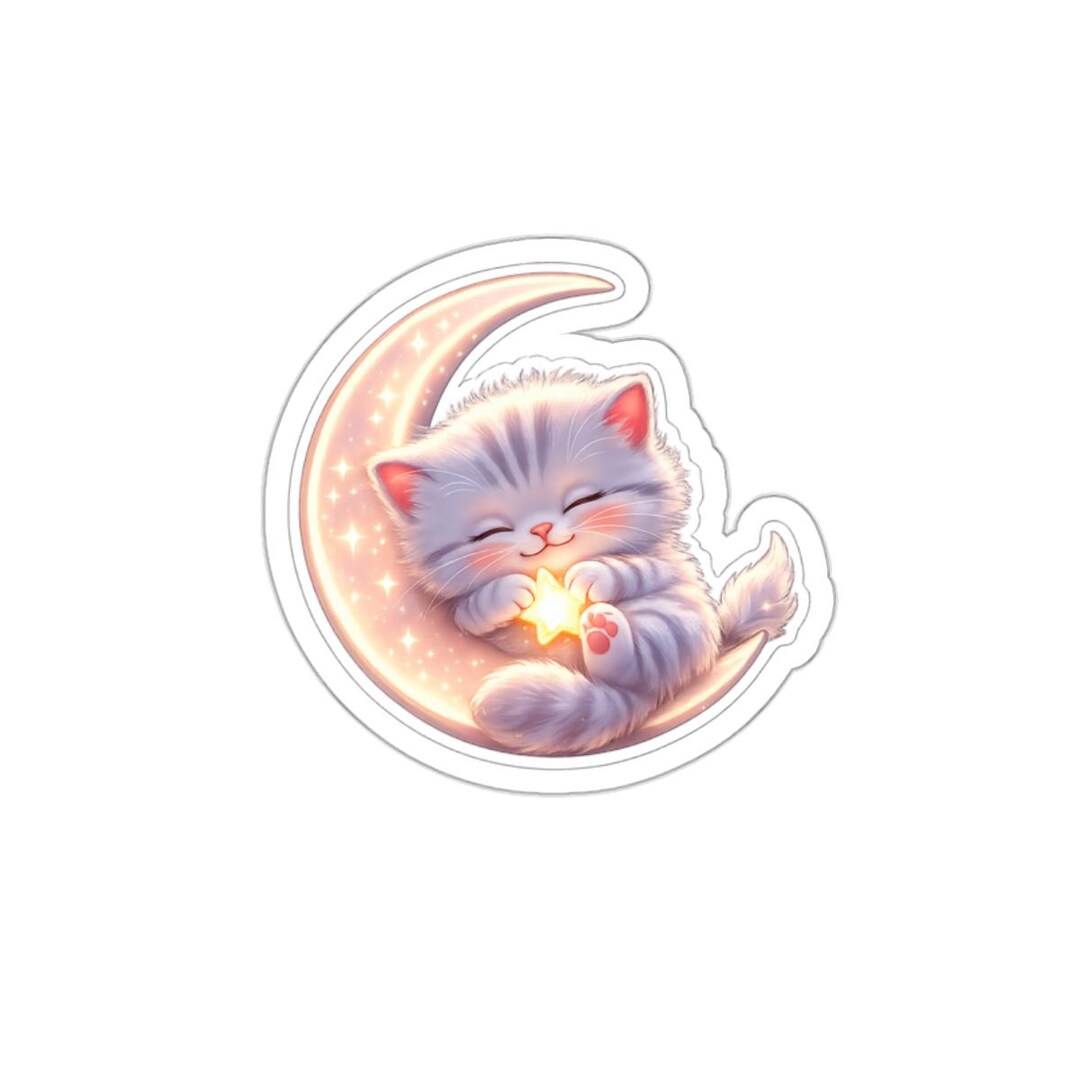 Sleeping Moon Cat Sticker | Die Cut Sticker, Cute Kawaii Kitten With ...