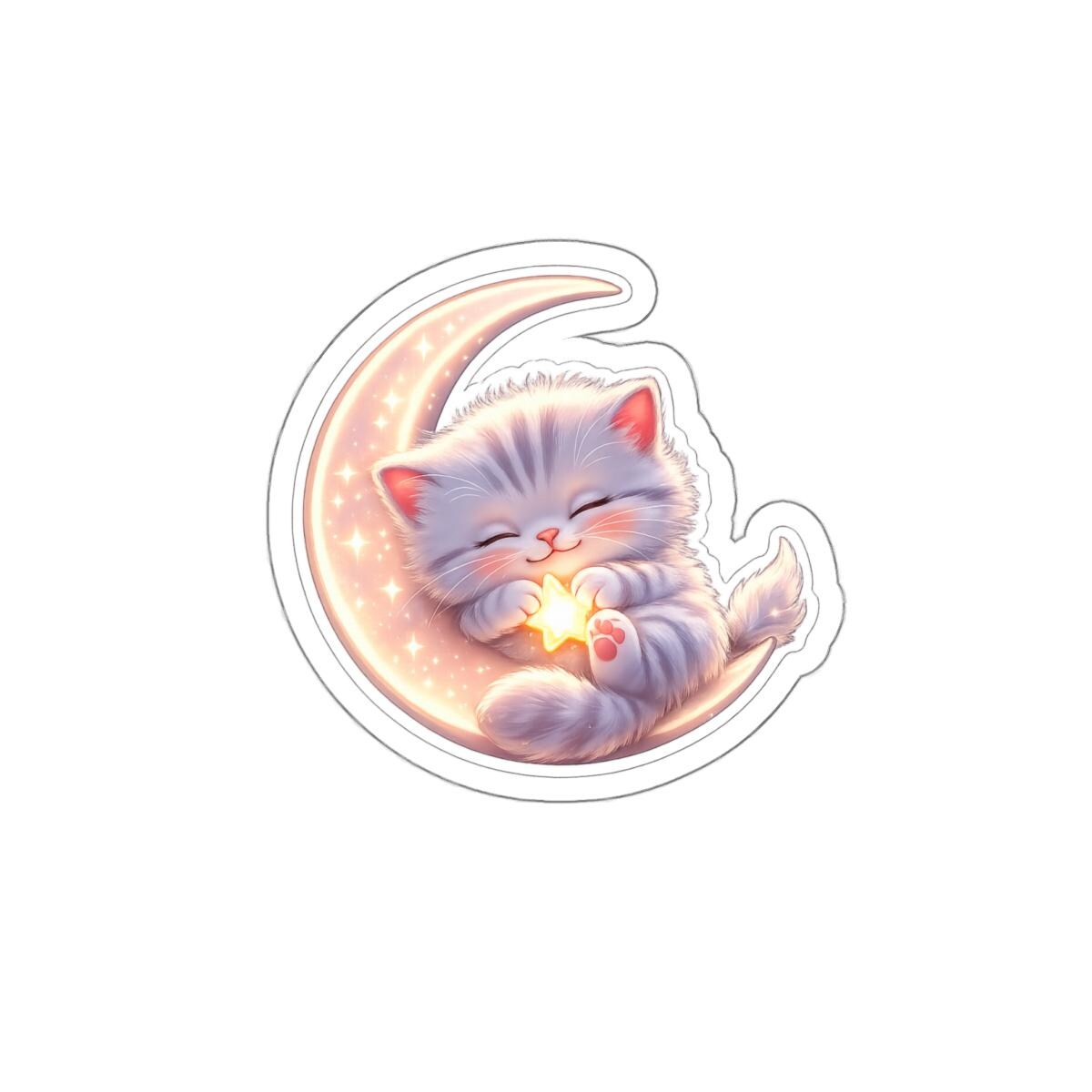 Sleeping Moon Cat Sticker | Die Cut Sticker, Cute Kawaii Kitten With ...