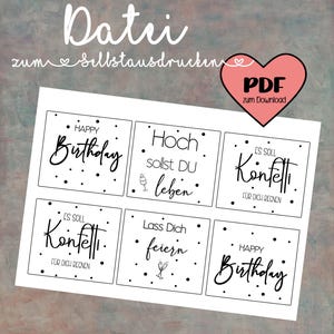 Puede incluir: Una hoja PDF imprimible con seis diseños cuadrados con mensajes de cumpleaños y celebración en escritura negra. La hoja incluye las palabras "Happy Birthday", "Es soll Konfetti" y otras frases, con un icono de descarga PDF en forma de corazón rosa.