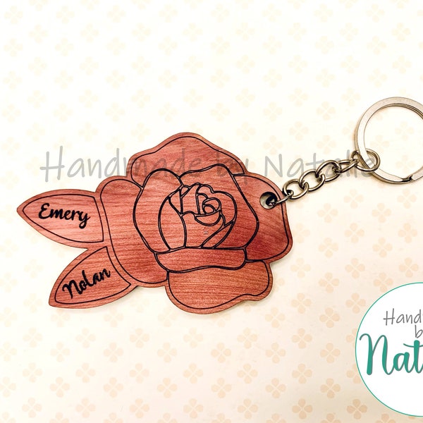 Rose Keychain SVG File - Up to 11 Rose Leaves - Mother's Day - Mom - Grandma Gift Children Grandchildren Names -Laser Cut -Multiples -Flower