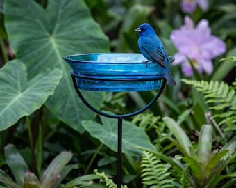 Glass Bird Bath on Stake with Metal Frame – Cardinal & Songbird Garden Gift