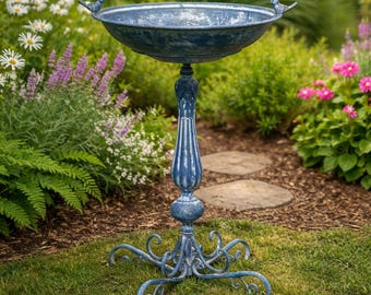 Frosted Blue Metal Birdbath with Pedestal, Cast Iron Bird Garden Decor