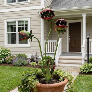 May include: A whimsical outdoor metal sculpture of three carnivorous plants with open, toothy mouths. The plants have green stems and red and green flower heads, planted in a large terracotta pot. The sculpture is placed in a front yard.