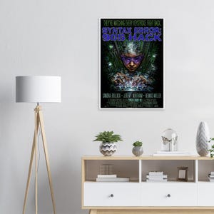 May include: A rectangular movie poster titled Syntax Error: 90s Hack featuring a central figure wearing purple-tinted glasses, typing on a keyboard amidst a dark green digital background with floating monitors and the text They're watching every keystroke.