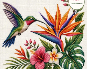 Schema per punto croce con colibrì e fiori tropicali: Uccello del Paradiso, Ibisco, Plumeria