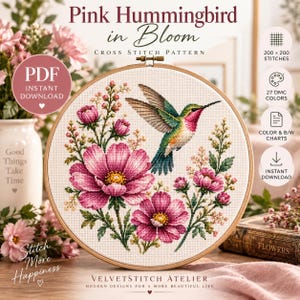 Pink Hummingbird Floral Cross Stitch Pattern, Embroidery PDF (Instant Download)