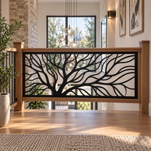 May include: A rectangular stair railing panel featuring a black metal insert with a stylized tree branch pattern. The panel is framed by light-toned wooden posts and a top rail, creating a contrast between the dark metal and the natural wood.