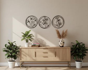 Set of 3 Wildflower Metal Wall Art, Round Poppy Floral Line Art