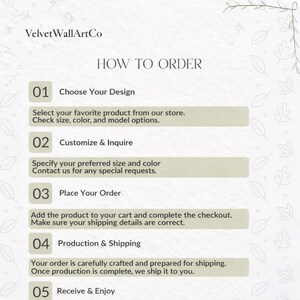 May include: A graphic with the text "HOW TO ORDER" and numbered steps. The steps include choosing a design, customizing, placing an order, production and shipping, and receiving the product. The brand name "VelvetWallArtCo" is at the top.