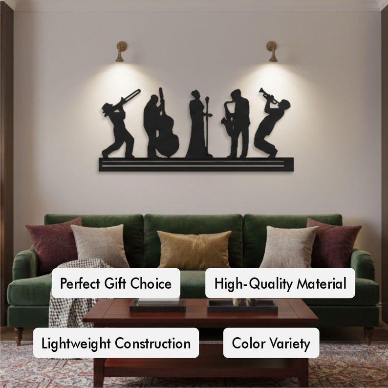 May include: Black metal wall art depicting a jazz band silhouette. The artwork features musicians playing instruments like a trombone, bass, singer, saxophone, and trumpet. The art is mounted above a green sofa with pillows.