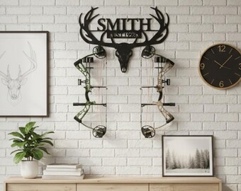 Personalized Metal Bow Rack, Custom Bow Hanger, Deer Skull Archery Storage