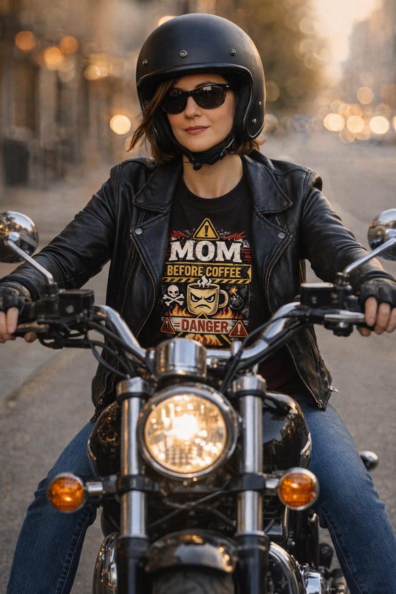May include: A woman wearing a black motorcycle helmet and sunglasses, seated on a motorcycle. She wears a black leather jacket and a black t-shirt with the text "MOM BEFORE COFFEE" and a coffee cup graphic. The motorcycle has a bright headlight.