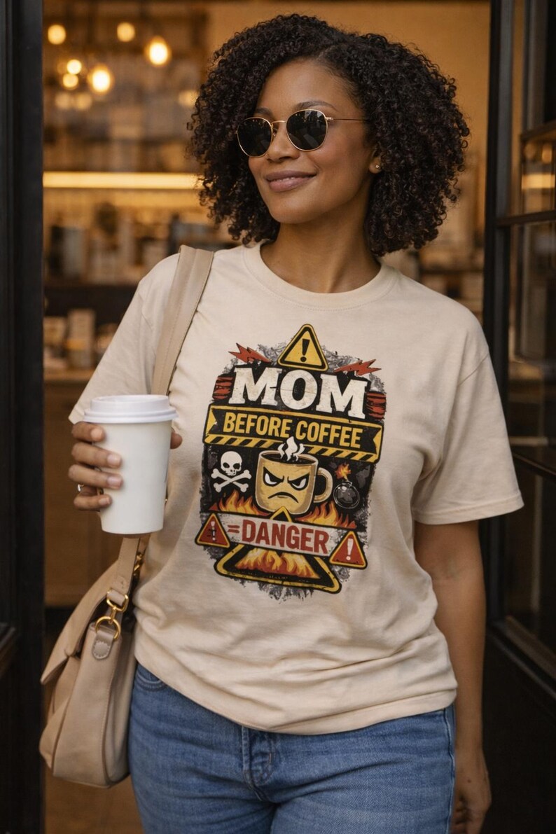 May include: A woman wearing a beige t-shirt with the text "MOM BEFORE COFFEE" and a graphic of an angry coffee cup, skull, and bomb. She is also wearing blue jeans and sunglasses, and holding a white coffee cup.